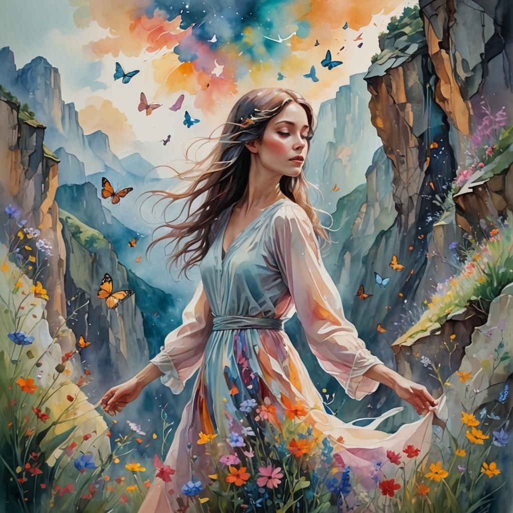 Ethereal Woman at Dreamlike Cliff in Impasto Style