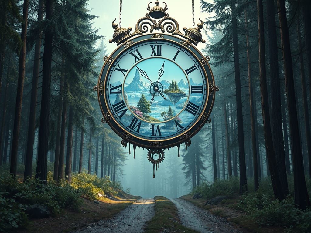 Surreal Forest Clock in a Dripping, Melting Matte Painting