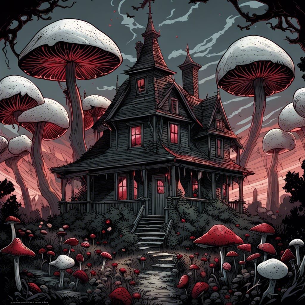 Gothic Victorian Garden with Giant Crimson Mushrooms