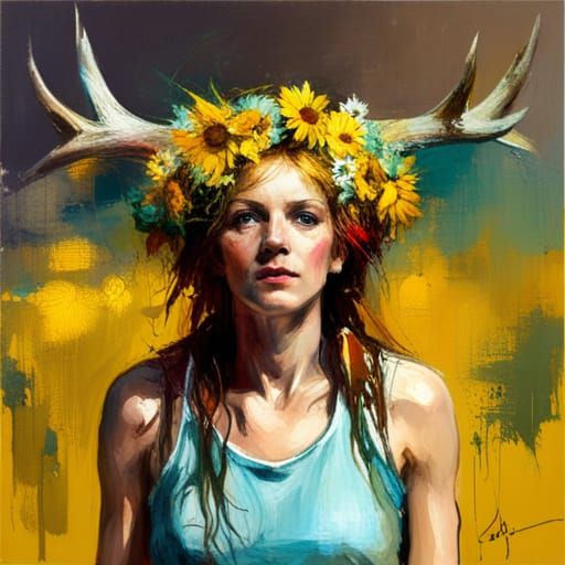 Woman with Deer Antlers Digital Oil Painting