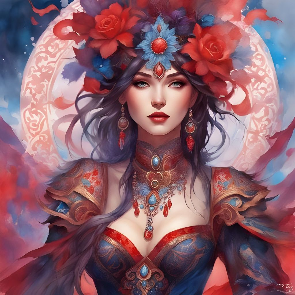 Enchantress Portrait with Red Body Paint in Watercolor Style