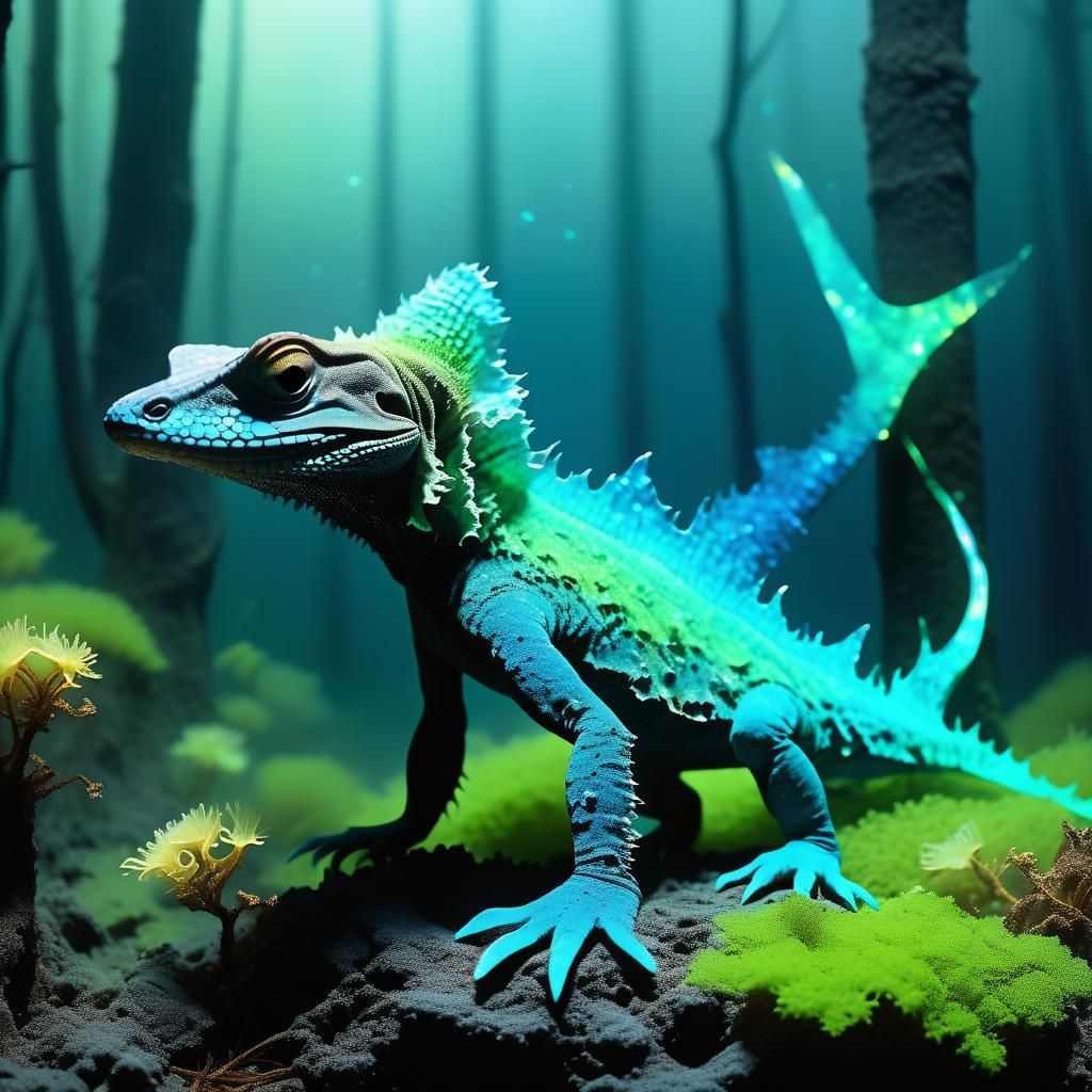 Frilled Lizard Aliens in Bioluminescent Forest