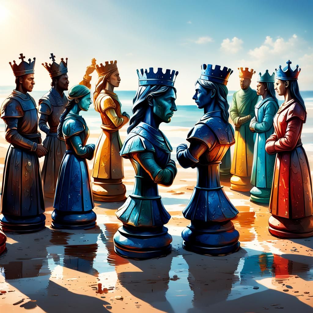Hyperrealistic Human Chess on a Colorful Beach