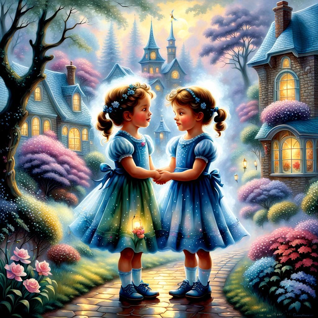 Ethereal Twins Embrace in Fantasy Landscape
