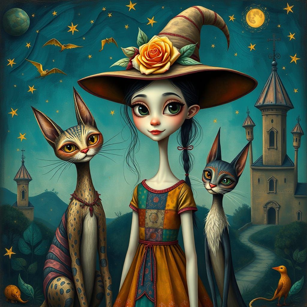 Whimsical Girl and Cat in Fairytale Pointillism Style