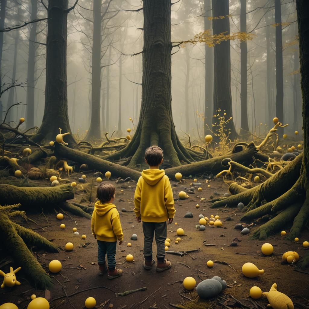 Eerie Forest Landscape with Child in Yellow