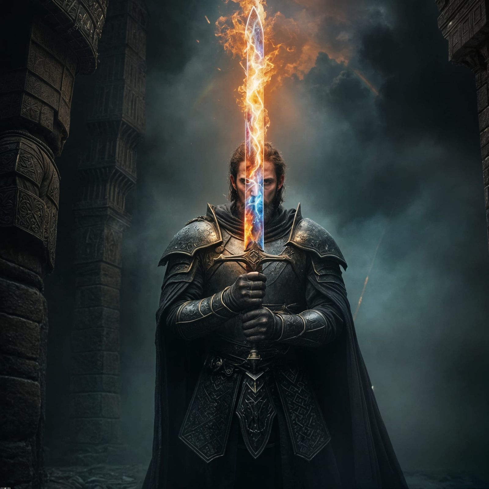 King Arthur Wields Excalibur in a Dark, Foggy Castle