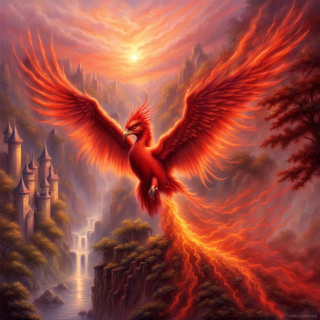 Fiery Phoenix Soars Above Misty Castle