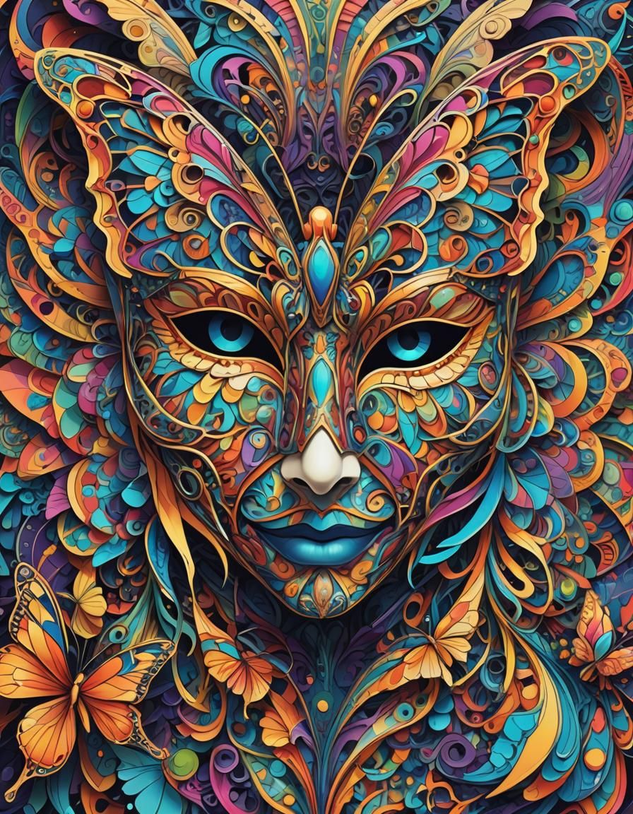 Psychedelic Butterfly Venetian Mask in Anime Style