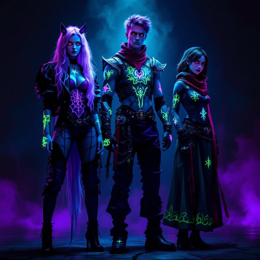 Goth Horse Girl and Companions with Neon Tattoos