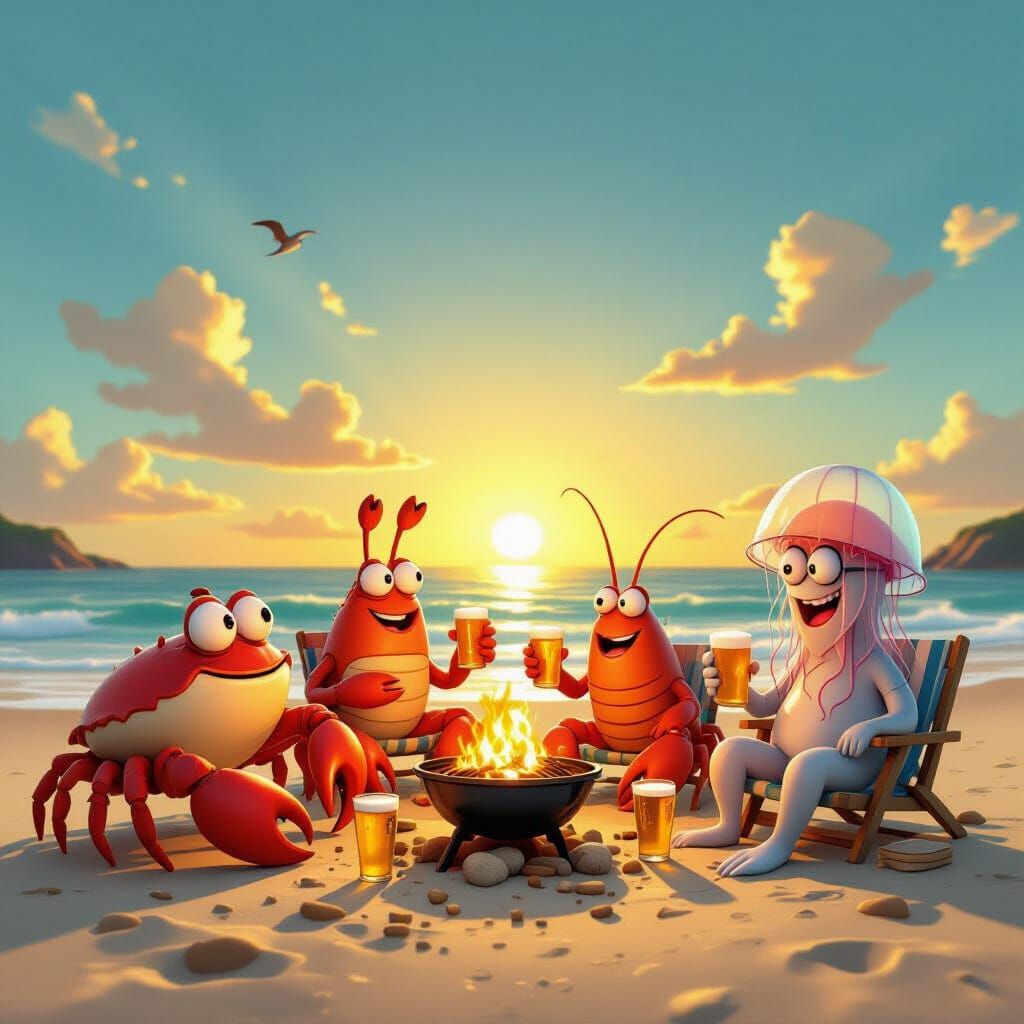 Cartoon Sea Creatures Enjoy Beach Barbecue