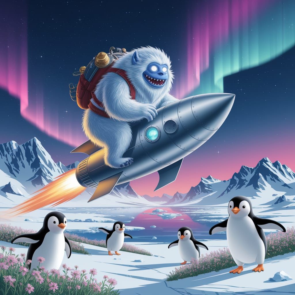 Yeti on Rocket Sled in Antarctic Sky
