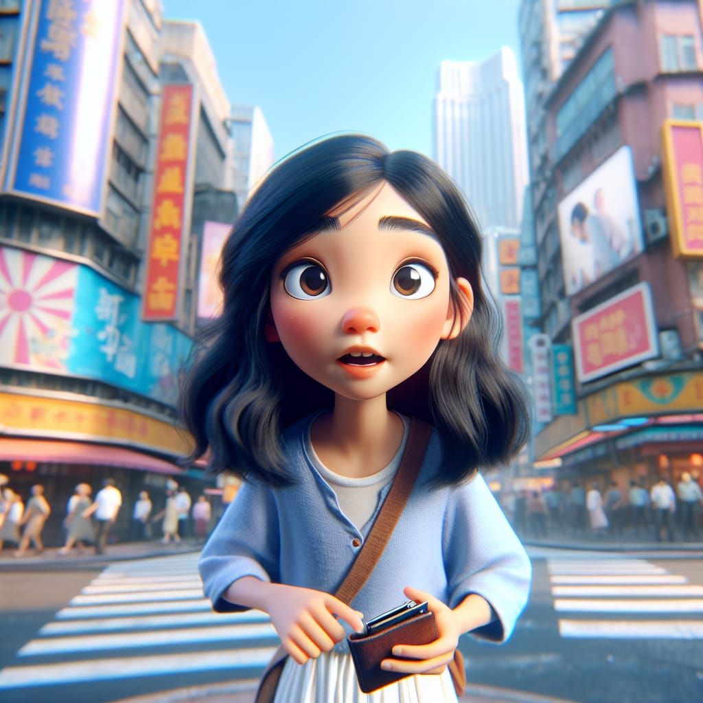 Playful Girl Discovers Wallet in a Bustling City Scene, Remi...