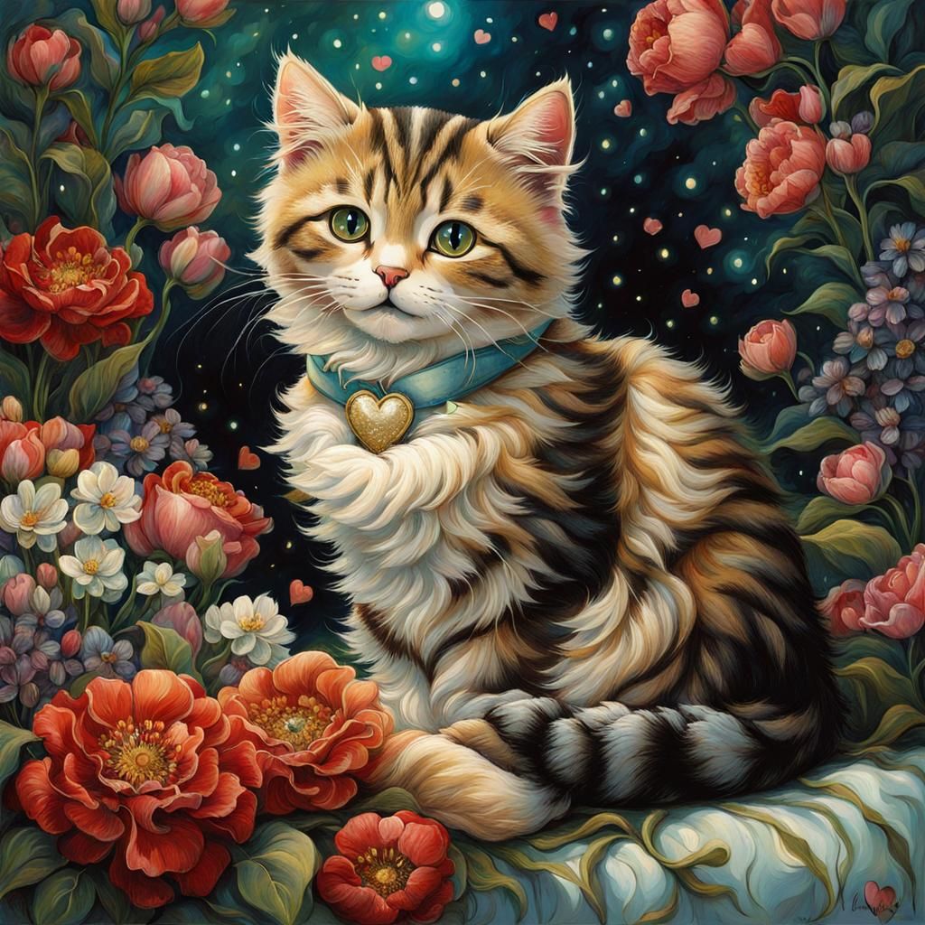 Cute Cat Surrounded by Flowers in Art Nouveau Style