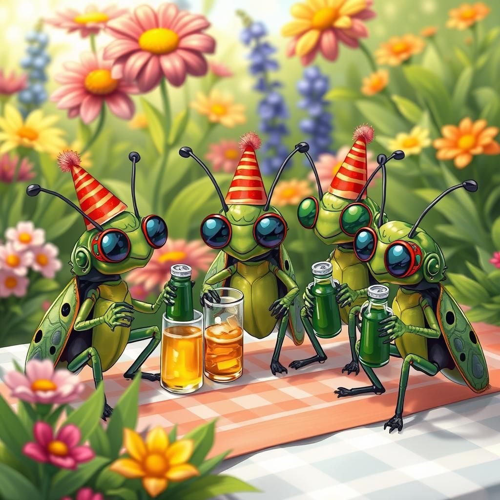 Cicadas Have a Picnic in Cartoon Style