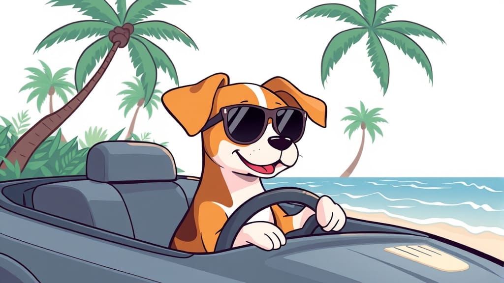 Cartoon Beagle Drives on Tropical Beach in Pastel Colors
