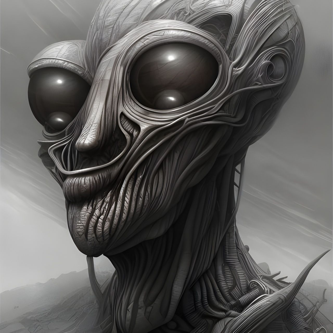 Detailed 3D Pencil Sketch of a Clear-Eyed Alien