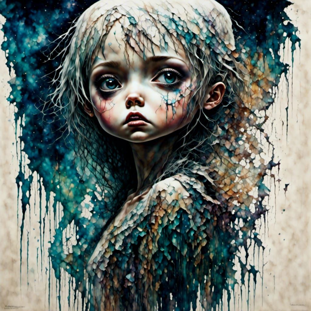 Chibi Character in Rainy Storm with Big Eyes