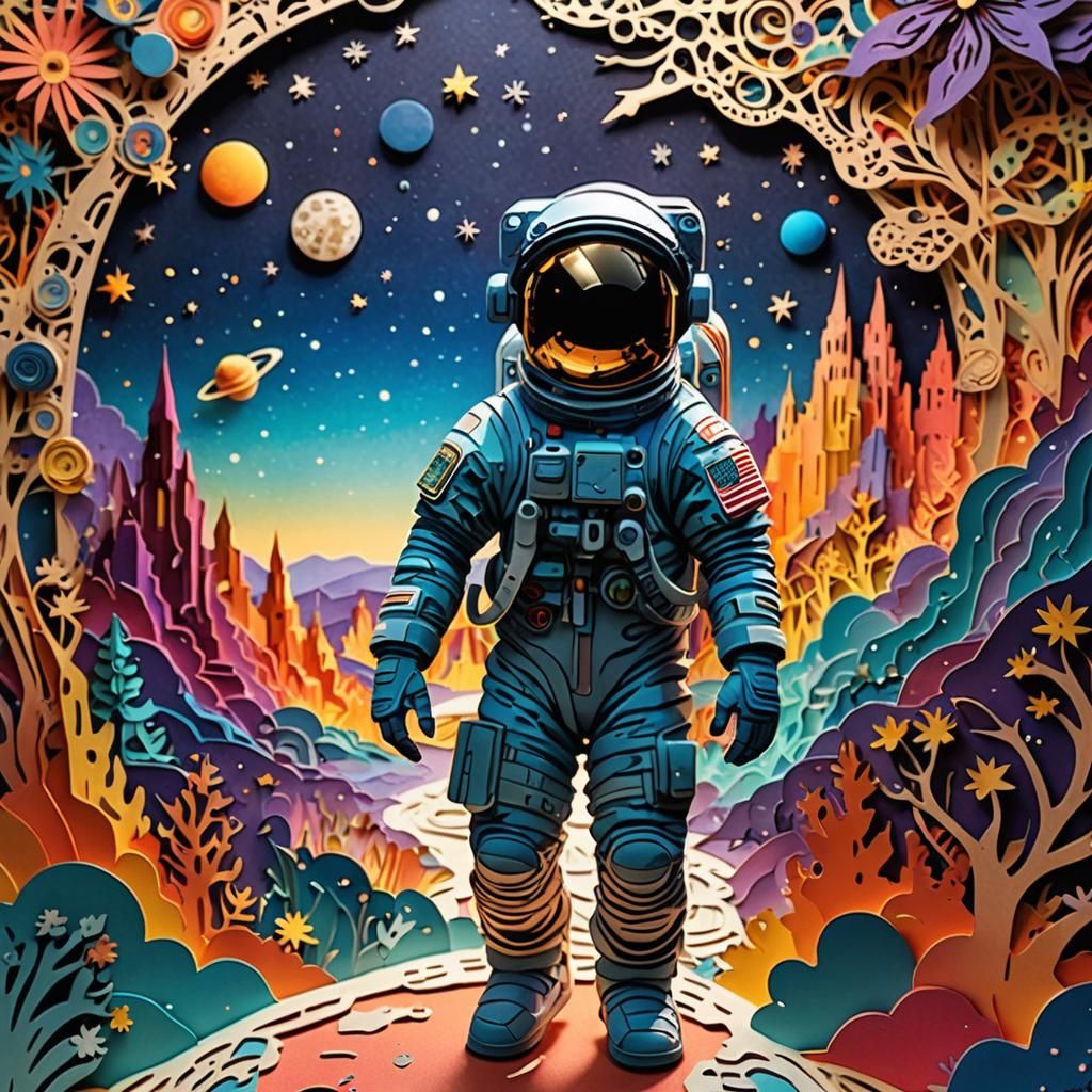 Astronaut at Cosmic Space in Kirigami Style