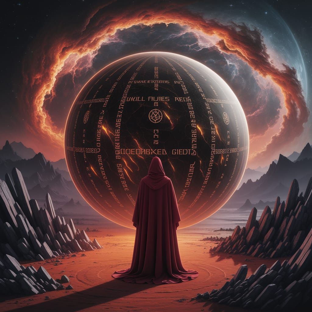 Crimson Hooded Figure Contemplates Cosmic Orb