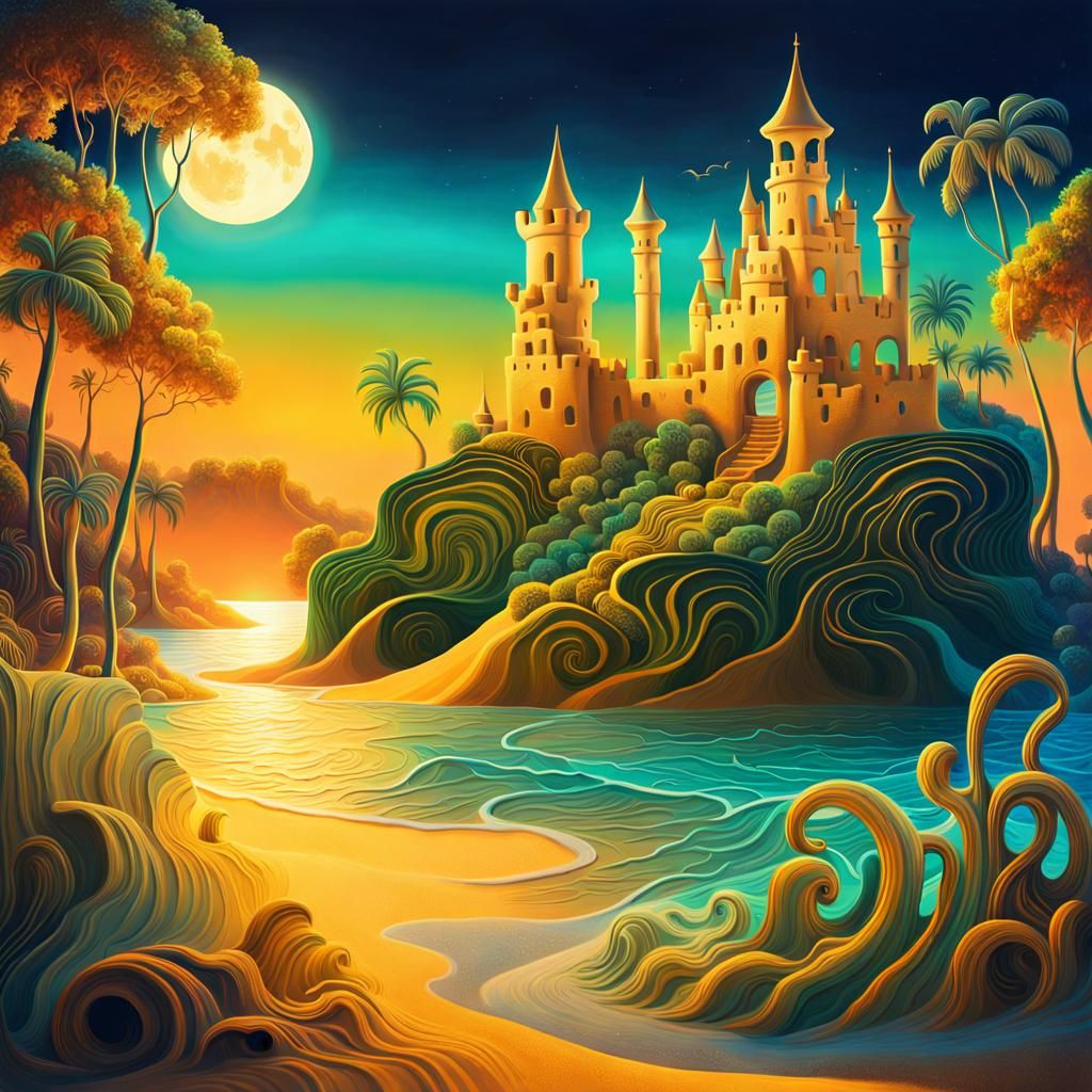 Moonlit Jungle Sandcastles in Surreal Style