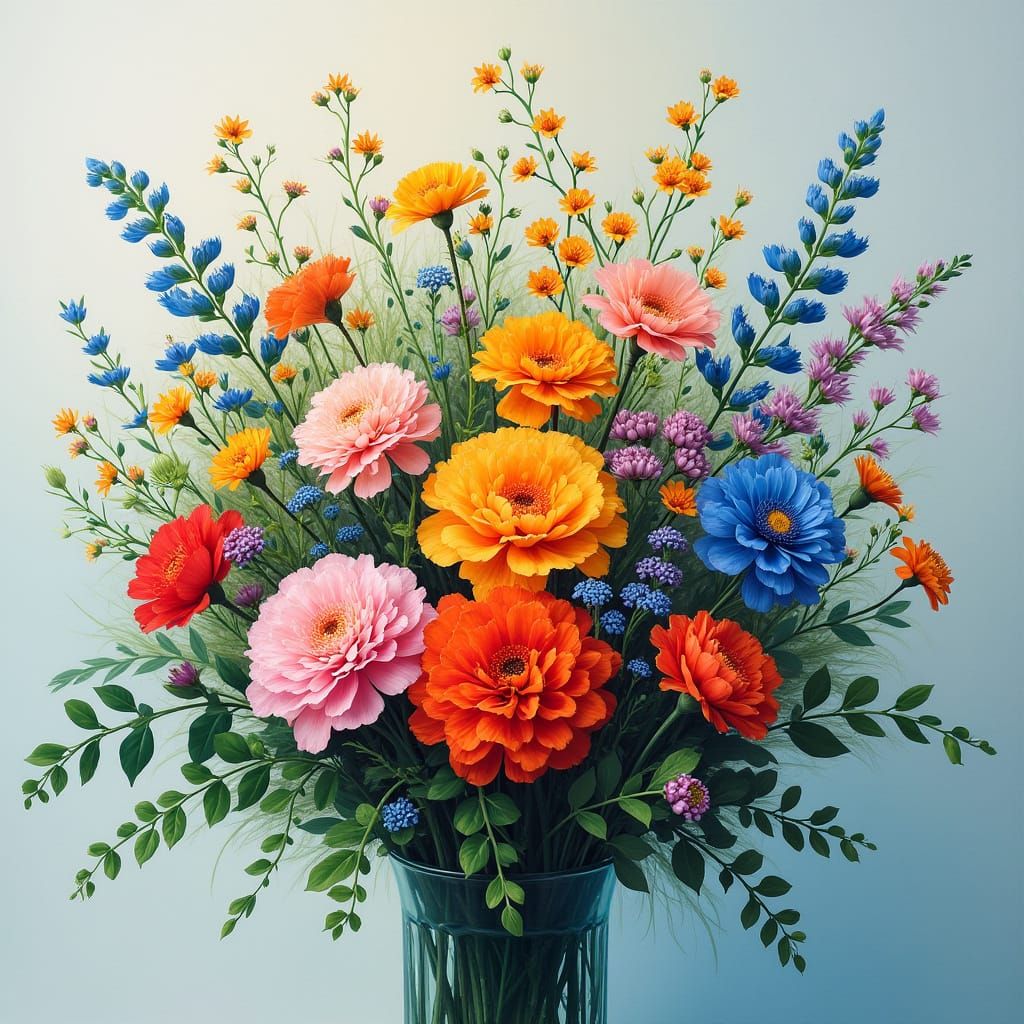 Surrealist Floral Bouquet with Vibrant Colors and Expressive...