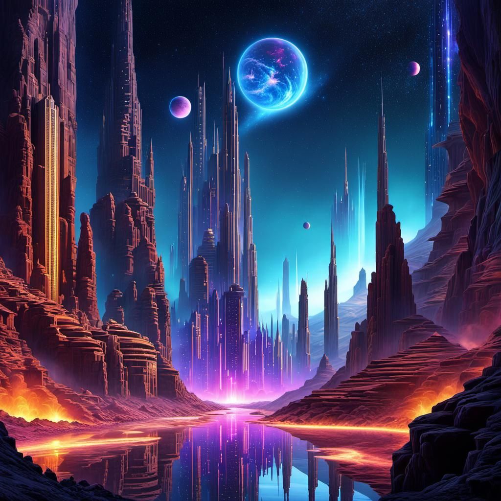 Futuristic Megapolis in Psychedelic Black Light Art