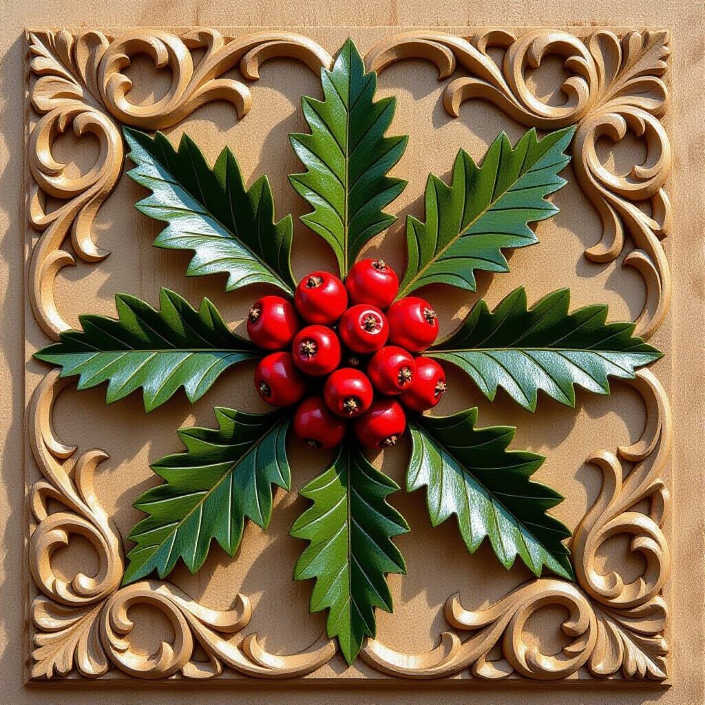Intricate Holly Wood Bas Relief with Golden Hour Glow
