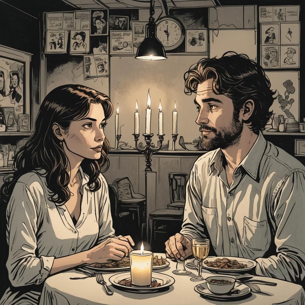Couple's Candlelit Dinner in Underground Comix Style