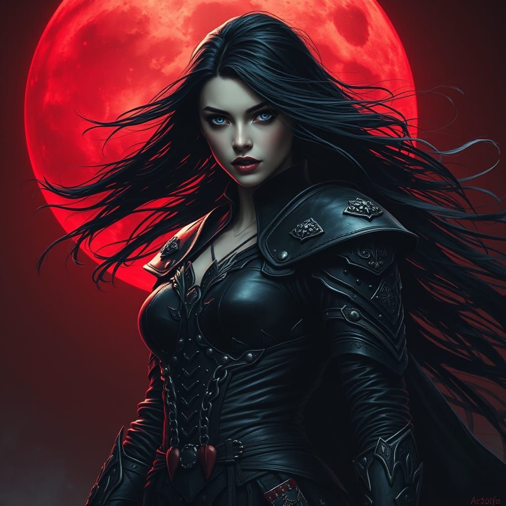 Gothic Vampire Warrior Silhouetted Against Blood-Red Moon