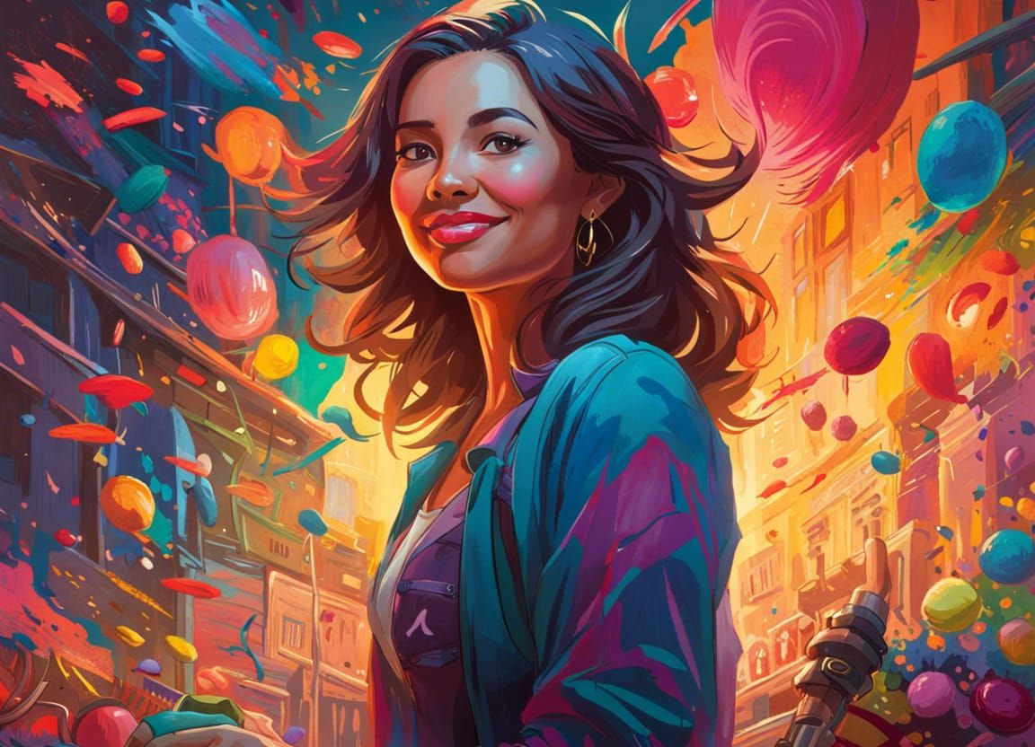 Joyful Girl Painting: Colorful 3D Art