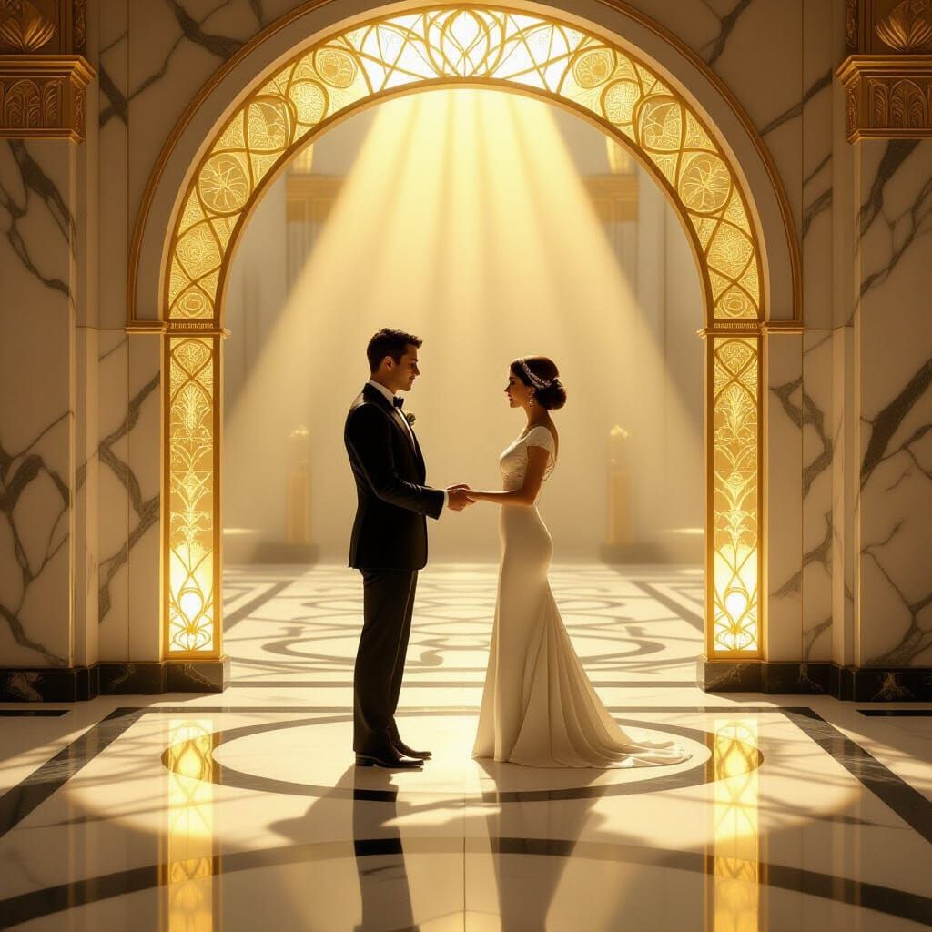 Art Deco Couple's Golden Vow Under Radiant Archway