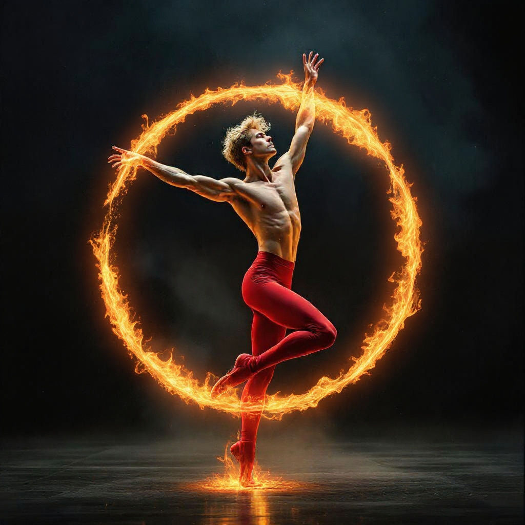 Athletic Man Dances with Fire