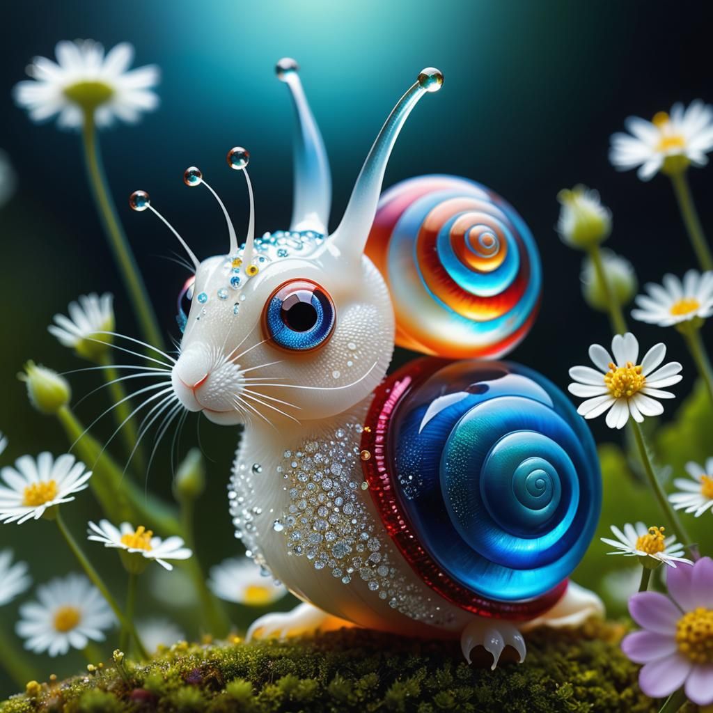 Adorable Glass Snail Bunny Portrait with Flowers