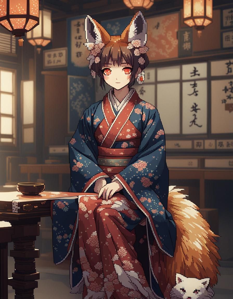 Pixel Art Kitsune Woman in Kimono