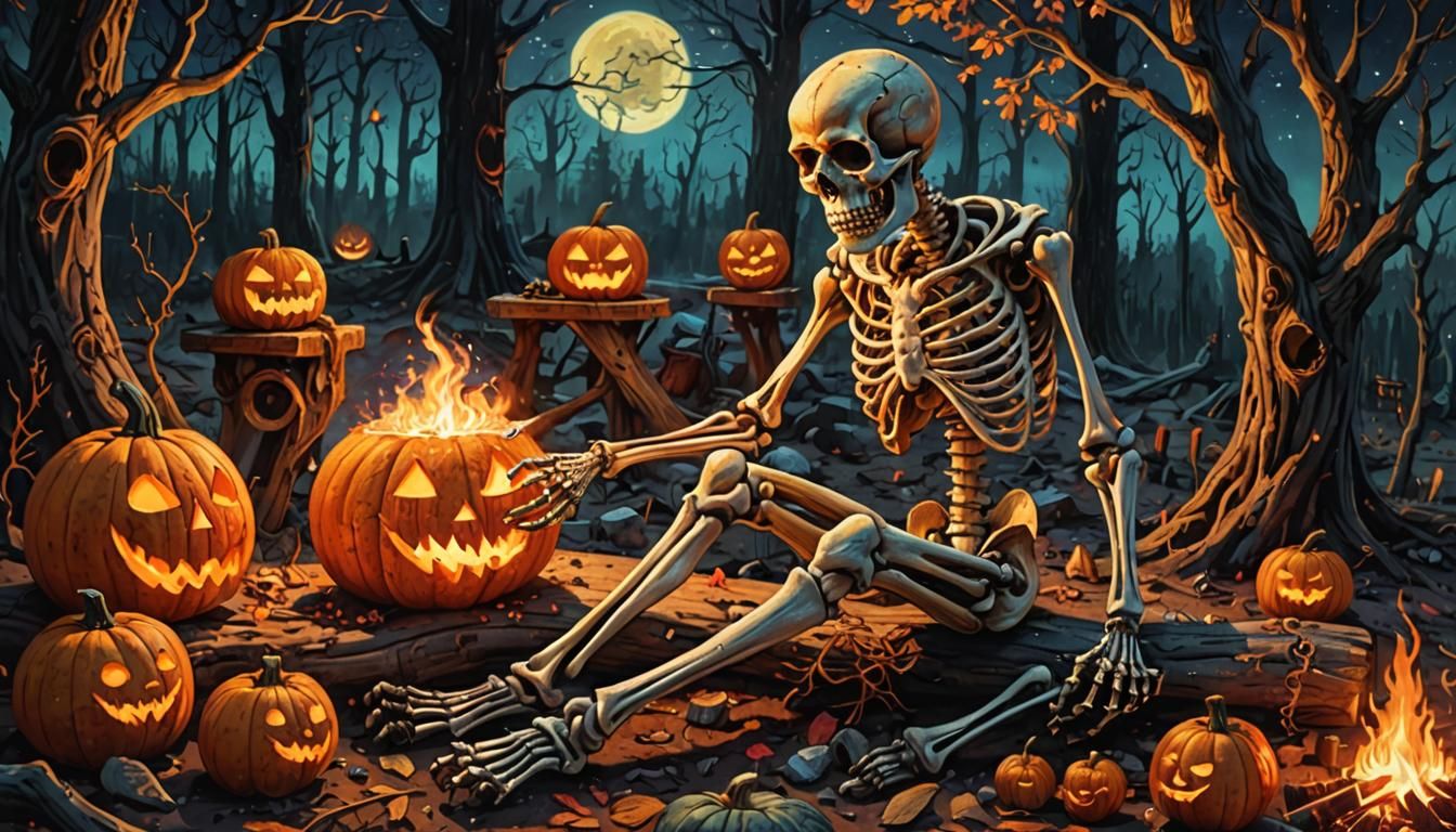 Skeleton Carving Pumpkin in Cosmic Horror Style