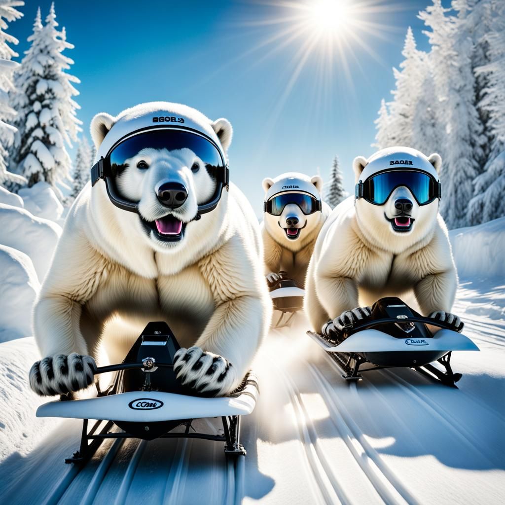 Polar Bears Sledding in Winter Wonderland