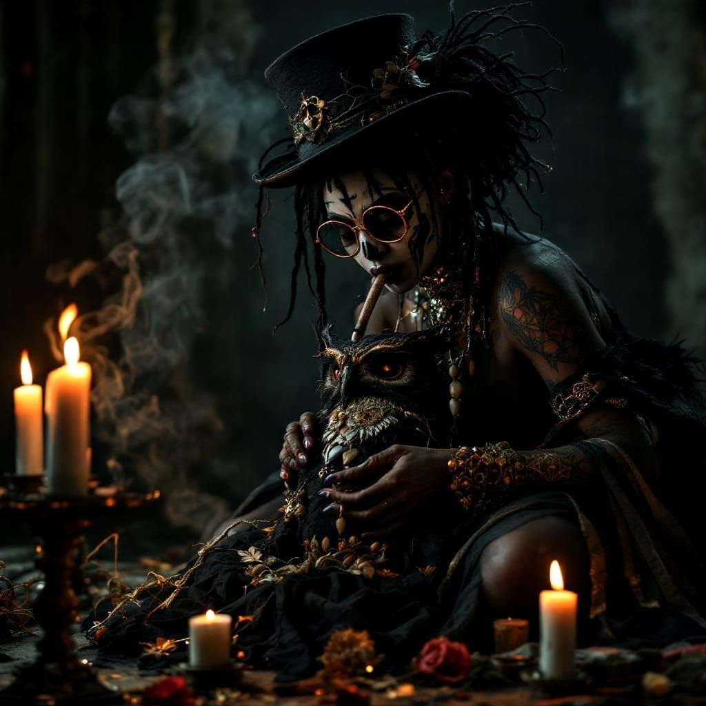 Voodoo Priestess Sewing an Owl Doll