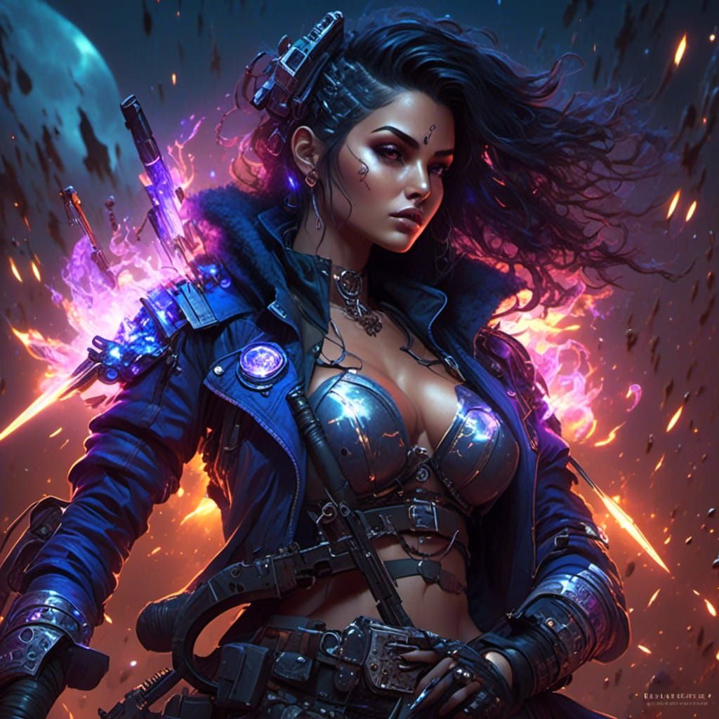 Female Warlock Deity Fires Luminous Machine Gun