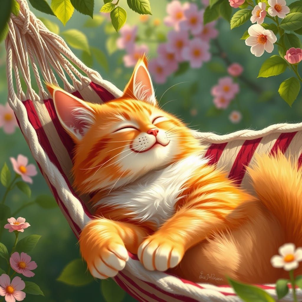 Vibrant Tabby Cat in Whimsical Garden Hammock