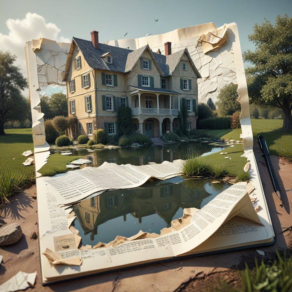 Surreal Country House Made of Crumpled Notebook Pages