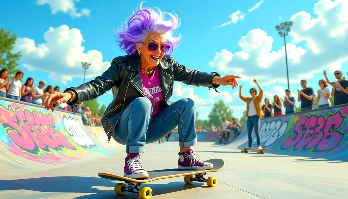 Elderly Woman Shreds Skate Park in Hyperrealistic Style