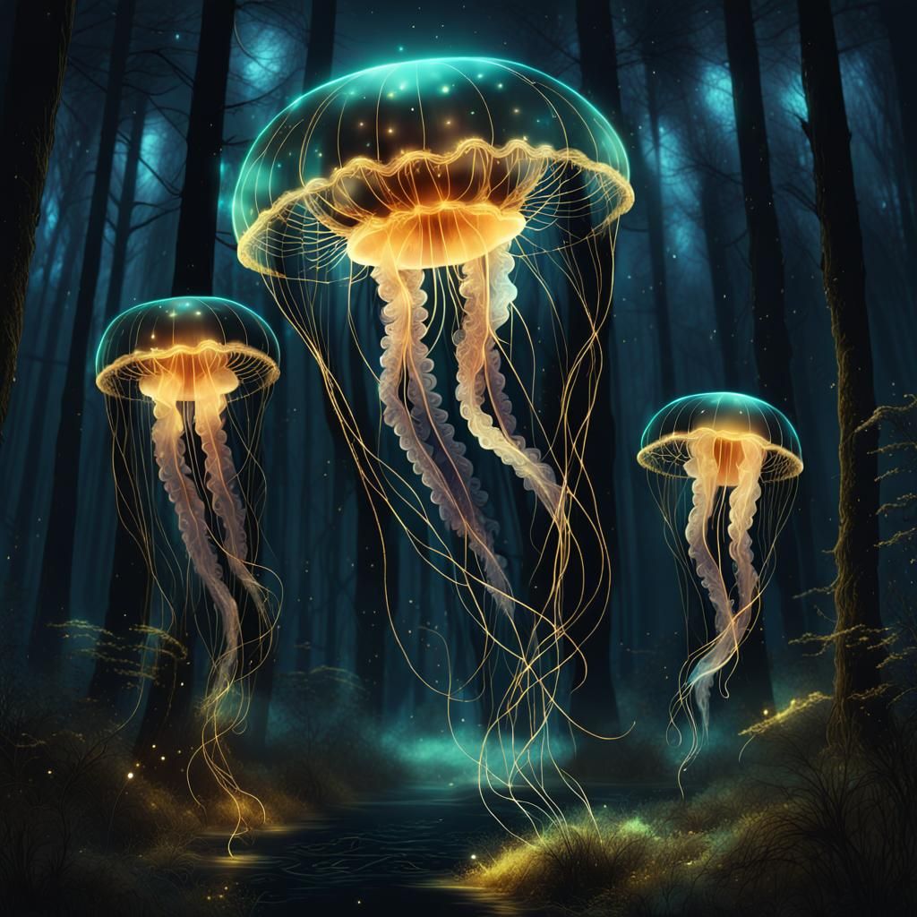 Bioluminescent Jellyfish Fly Through Fantasy Forest