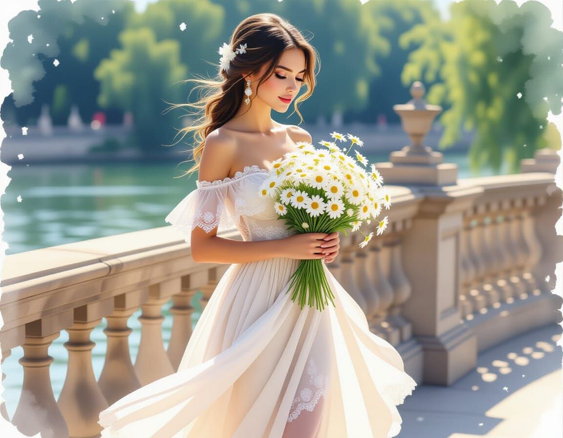 Woman with Daisies in Watercolor Sfumato Style