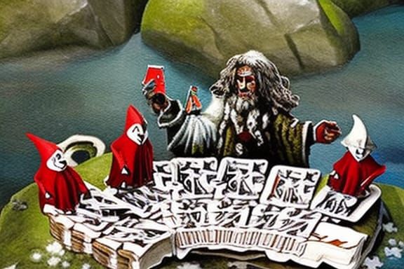 Gandalf and Gnomes Play Cards in Comic Book Art