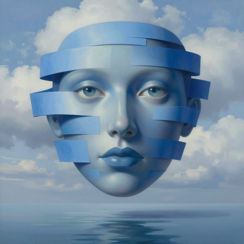 Surreal Fragmented Face in Cloudy Sky