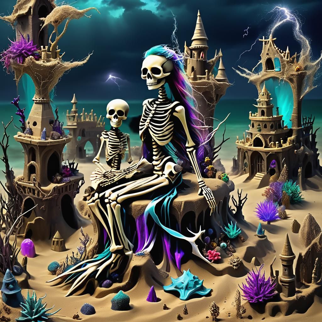 Darkpunk Mermaid Skeleton Sandcastle in Prismatic Colors