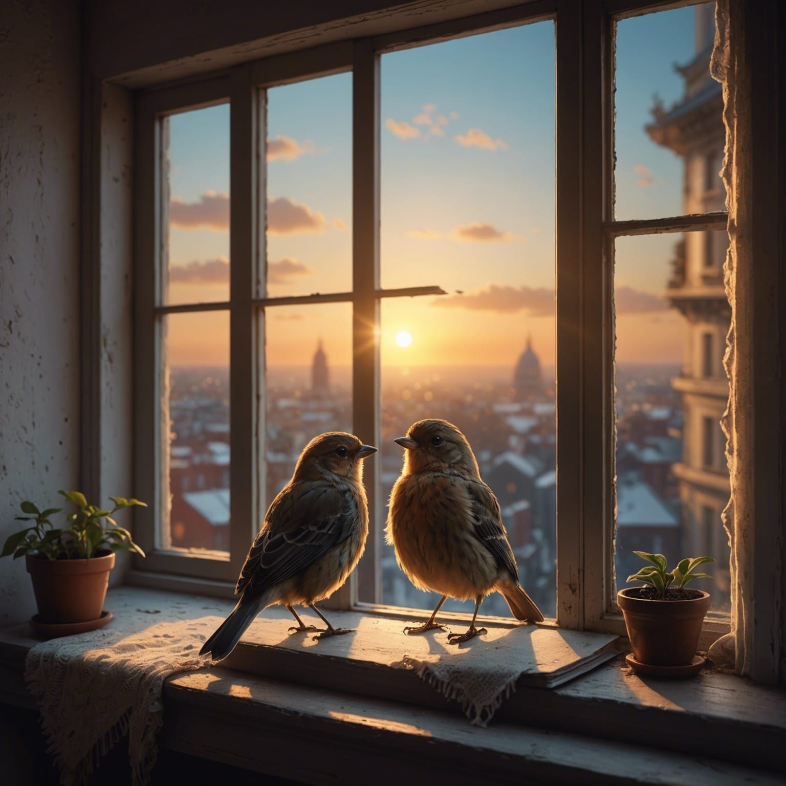 Cute Bird on Windowsill at Sunrise: Digital Matte Painting