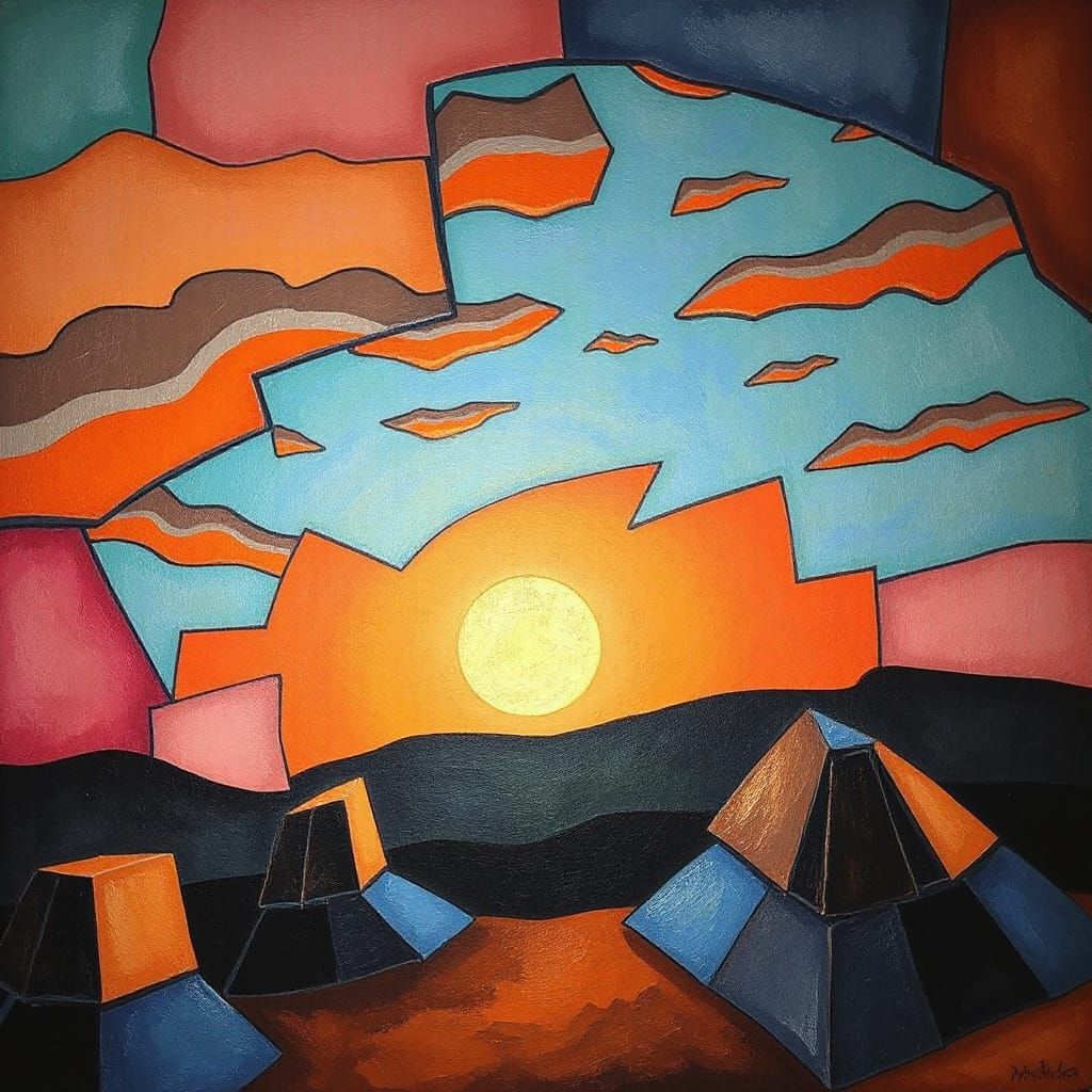 Dying Sun in Pastel Hues and Cubist Style