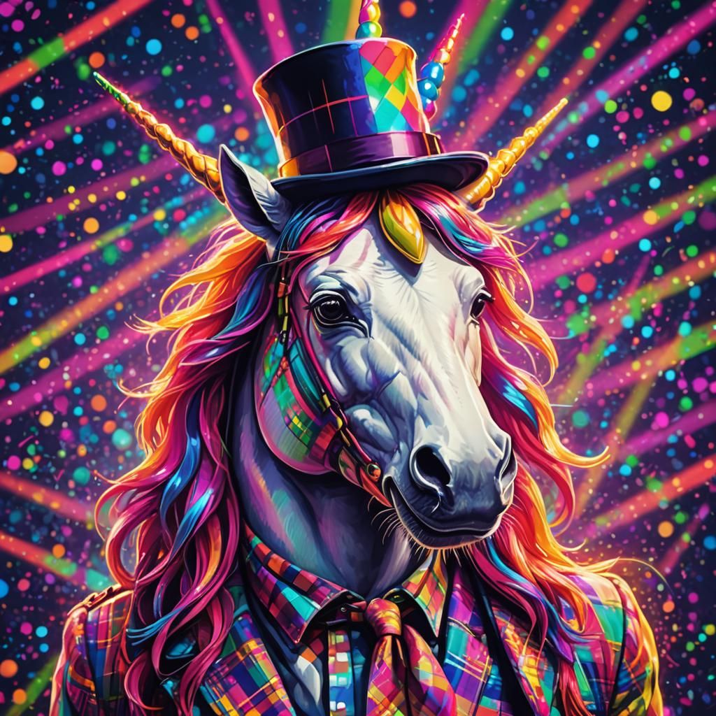 A neon unicorn with a plaid top hat, inspired by the pop art style of Roy Lichtenstein, in a neon rainbow color scheme, ...